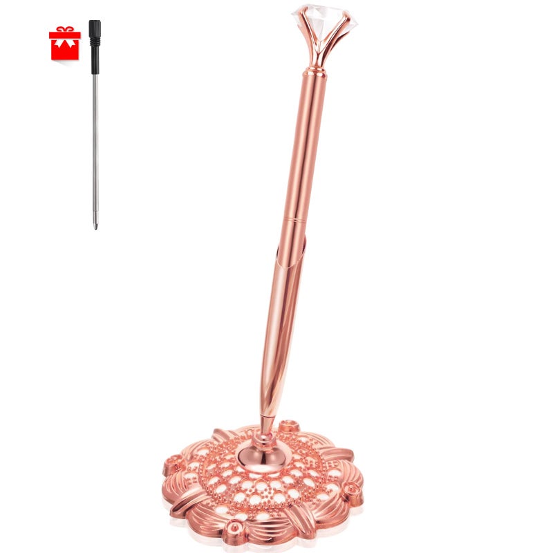 RUTICH Hollow Round Pen Holder Signing Pen Set with Big Diamond Crystal Pen for Wedding Bridal Opening Ceremony Graduation Office, Rose Gold(Black Ink) - Image 1